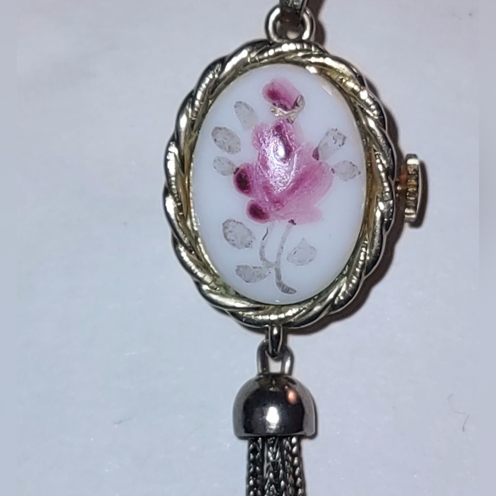 Pink Flower Painted Vintage Double-sided Watch Pendant w/ Tassel